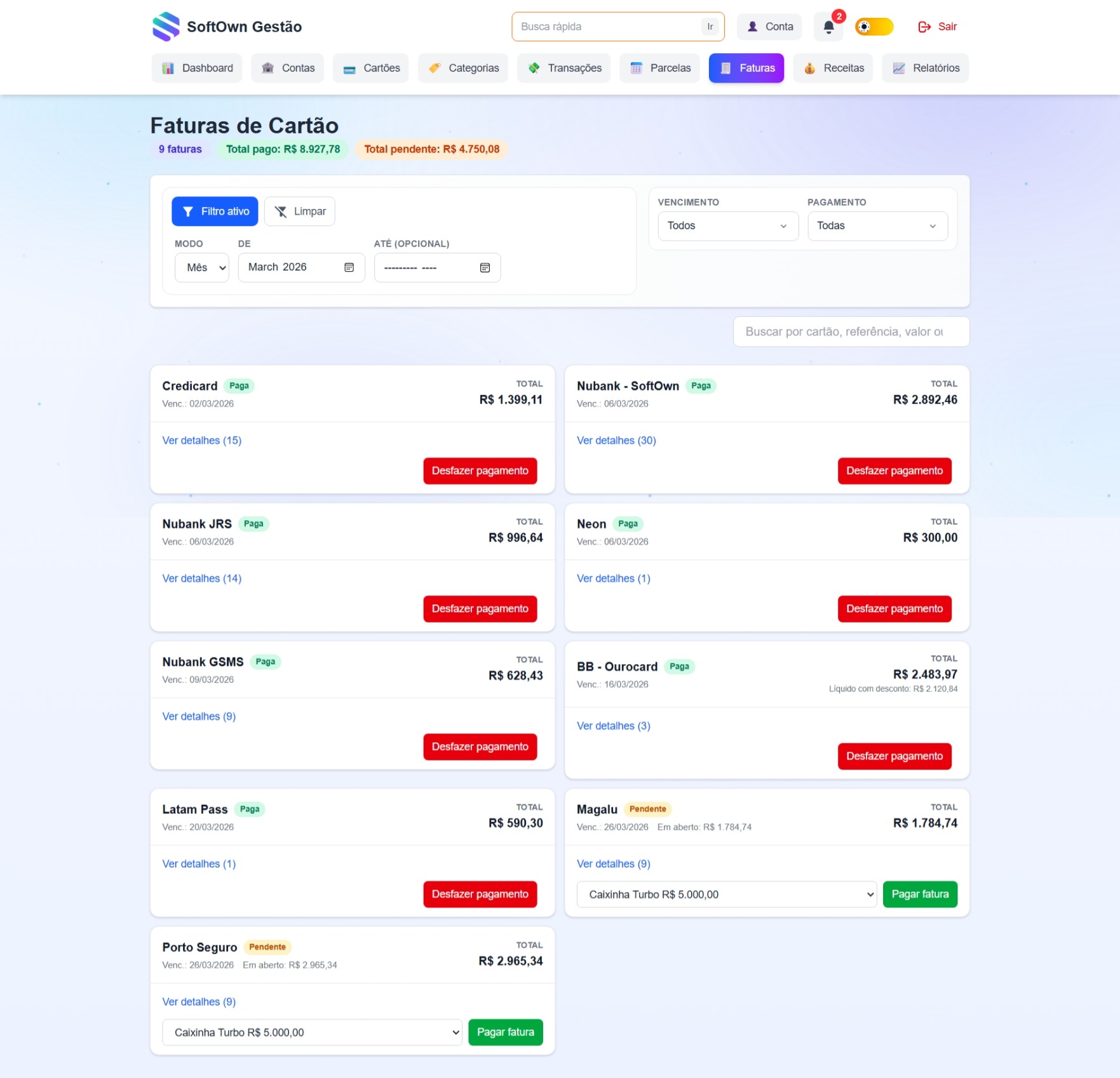 Tela de gestão de faturas