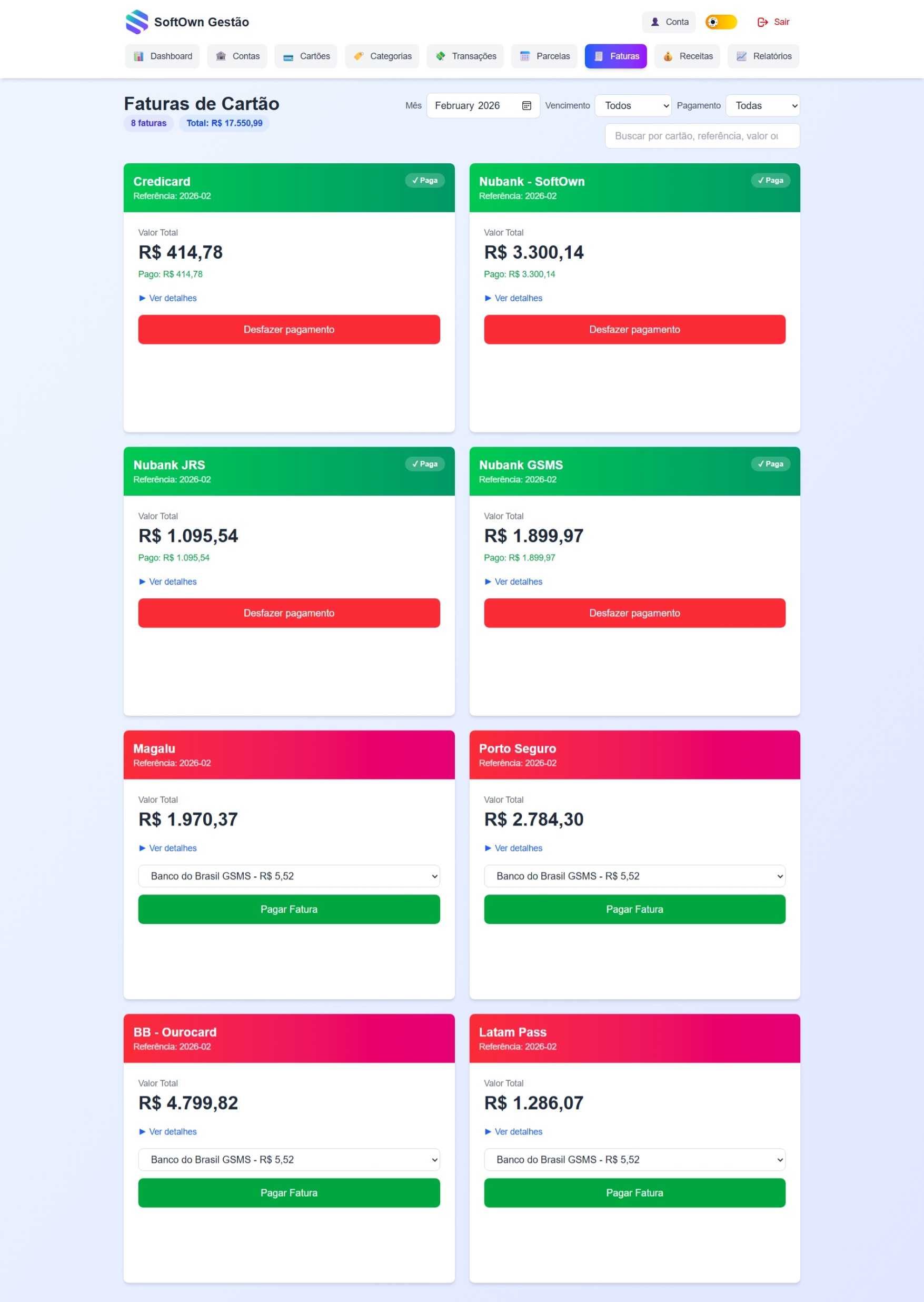 Tela de gestão de faturas