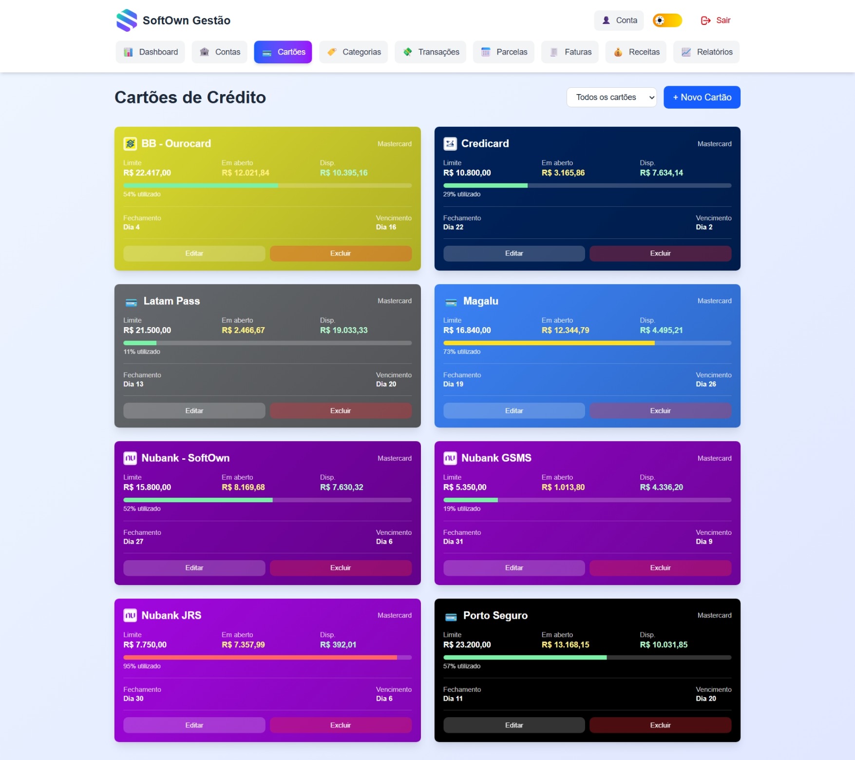 Tela de controle de cartões