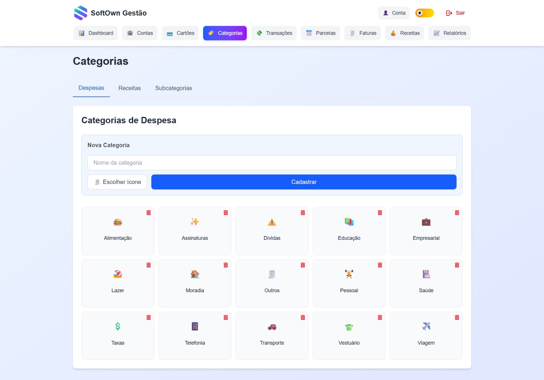 Tela de categorias de despesas