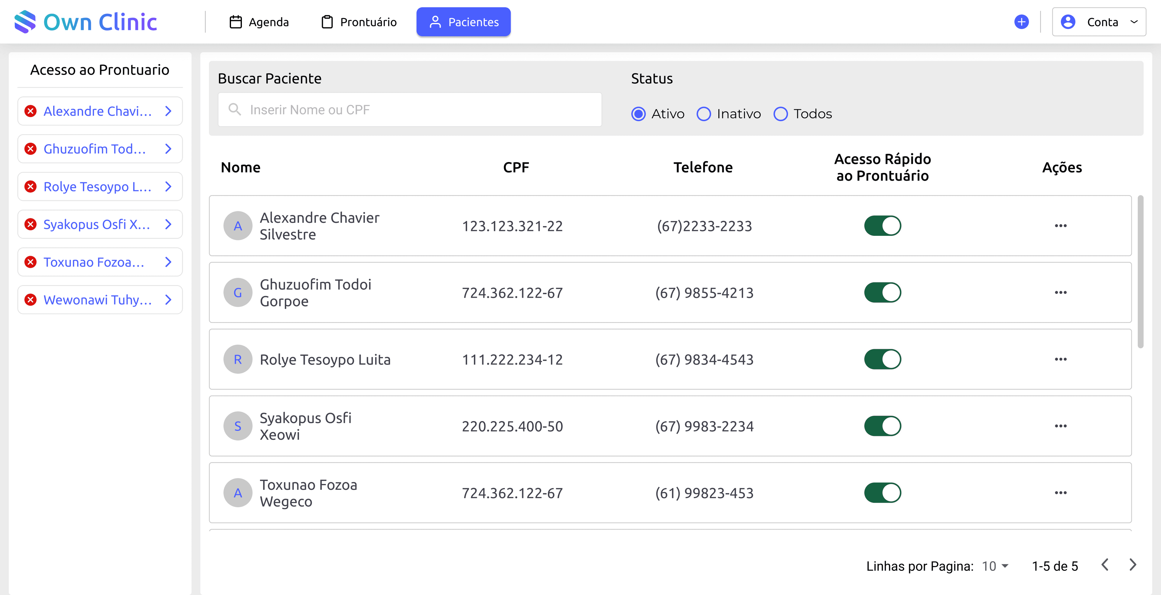 Página de listagem de pacientes de um sistema da SoftOwn
