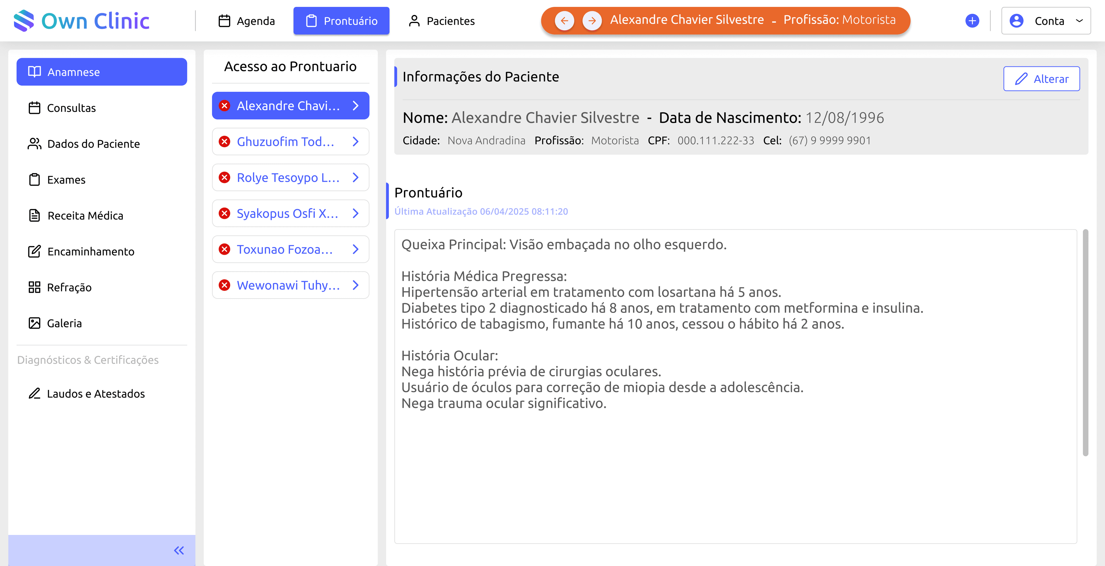 Página de prontuário de um sistema da SoftOwn